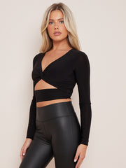 Long Sleeves Twist Knot Cut Out Crop Top