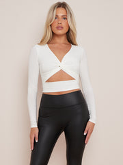 Long Sleeves Twist Knot Cut Out Crop Top