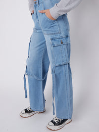 High Waist Wide Leg Cargo Jeans - Blue