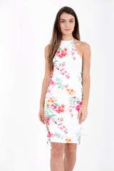 Lace Up Sides Floral Print Halterneck Dress