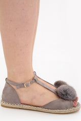 Faux Fur Pom Pom Strappy Peep Toe Sandals