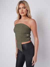 Belted Side Asymmetric Hem Bandeau Crop Top - Olive