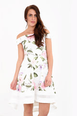 Spring Floral Mesh Insert Bardot Skater Dress