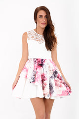 Printed Floral Lace Double Frill Skater Dress