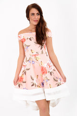 Spring Floral Mesh Insert Bardot Skater Dress