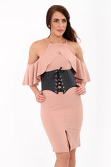 Frill Cold Shoulder Dress With Corset Belt