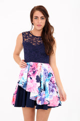 Printed Floral Lace Double Frill Skater Dress
