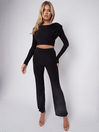 Slinky Draped Cowl Neck Crop Top & Trouser Co-ord - Black