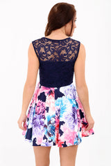 Printed Floral Lace Double Frill Skater Dress