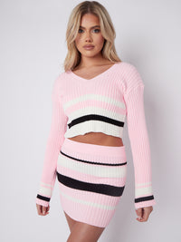 Knitted Striped Crop Top & Mini Skirt Co-ord - Pink