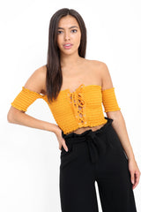 Lace Up Shirred Bandeau Crop Top