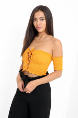 Lace Up Shirred Bandeau Crop Top