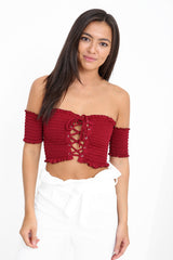 Lace Up Shirred Bandeau Crop Top