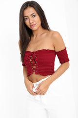 Lace Up Shirred Bandeau Crop Top