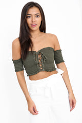 Lace Up Shirred Bandeau Crop Top