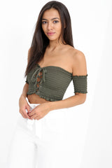 Lace Up Shirred Bandeau Crop Top