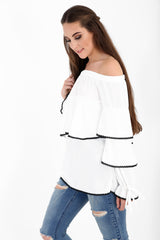 Contrast Trim Frill Bardot Top