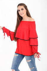 Contrast Trim Frill Bardot Top