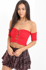 Lace Up Shirred Bandeau Crop Top