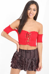 Lace Up Shirred Bandeau Crop Top