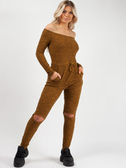 Slashed Knee Ribbed Bardot Lounge Jumpsuit