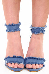 Distressed Denim Ankle Strap Heels