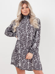 Shirred High Neck Snake Print Shift Dress