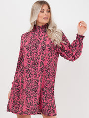 Shirred High Neck Snake Print Shift Dress