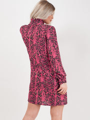 Shirred High Neck Snake Print Shift Dress
