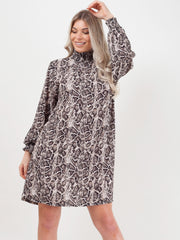 Shirred High Neck Snake Print Shift Dress