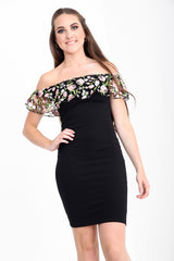 Floral gestickte Maschenfrill Bardot Kleid