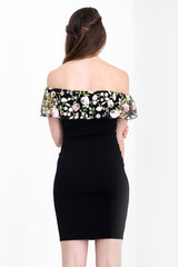 Floral gestickte Maschenfrill Bardot Kleid