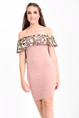 Floral gestickte Maschenfrill Bardot Kleid