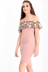 Floral gestickte Maschenfrill Bardot Kleid
