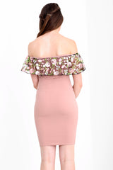 Floral gestickte Maschenfrill Bardot Kleid