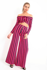 Striped Bardot Crop Top and Split Trouser Set