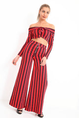Striped Bardot Crop Top and Split Trouser Set