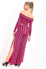 Striped Bardot Crop Top and Split Trouser Set