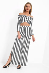 Striped Bardot Crop Top and Split Trouser Set