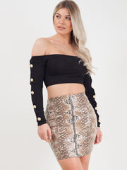 Zip Front Snake Print PU Skirt