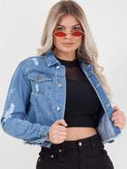 Raw Hem Distressed Cropped Denim Jacket