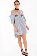 Rose Embroidered Striped Bardot Dress