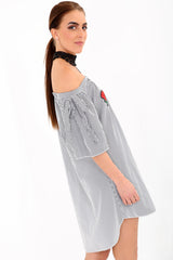 Rose Embroidered Striped Bardot Dress