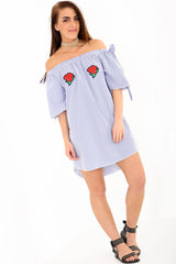 Rose Embroidered Striped Bardot Dress