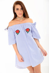 Rose Embroidered Striped Bardot Dress