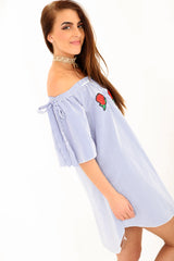 Rose Embroidered Striped Bardot Dress