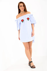 Rose Embroidered Striped Bardot Dress