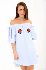 Rose Embroidered Striped Bardot Dress