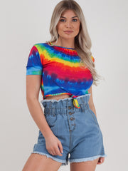 Tie Dye Print Knot Front Crop Top