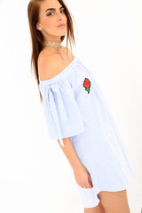 Rose Embroidered Striped Bardot Dress